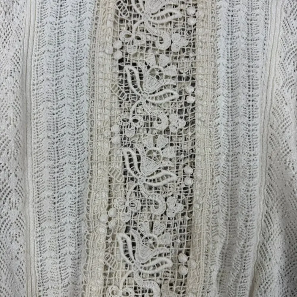 Zara Cream Pointelle Knit Crochet Puff Sleeve Crop Sweater Sz S Lace Cottagecore